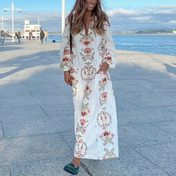 Zara Dresses & Skirts - Zara NWT ecru kaftan floral linen boho maxi dress XS